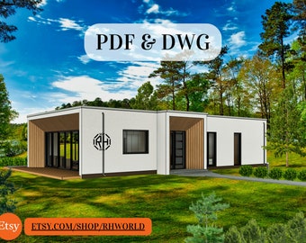 Planta de casa moderna com 3 quartos | 126 m² / 1355 pés quadrados | Sistema imperial + métrico | Arquivos DWG incluídos