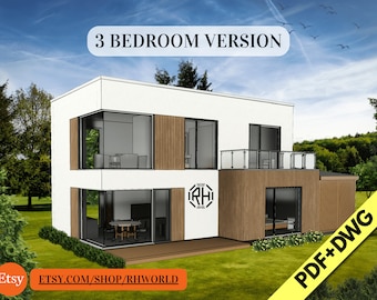 Planta de casa moderna com 3 quartos: 130 m² (1400 pés quadrados), (PDF + DWG)
