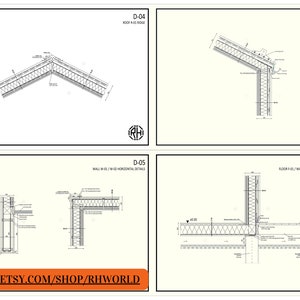 Pode incluir: Um conjunto de quatro desenhos arquitet&ocirc;nicos mostrando diferentes detalhes de constru&ccedil;&atilde;o para um edif&iacute;cio. Os desenhos s&atilde;o etiquetados como D-01, D-03, D-04 e D-05. Os desenhos mostram detalhes para o piso, a parede e o telhado do edif&iacute;cio.