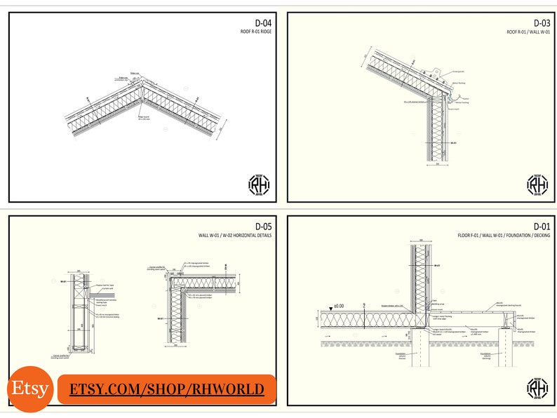 Pode incluir: Um conjunto de quatro desenhos arquitet&ocirc;nicos mostrando diferentes detalhes de constru&ccedil;&atilde;o para um edif&iacute;cio. Os desenhos s&atilde;o etiquetados como D-01, D-03, D-04 e D-05. Os desenhos mostram detalhes para o piso, a parede e o telhado do edif&iacute;cio.