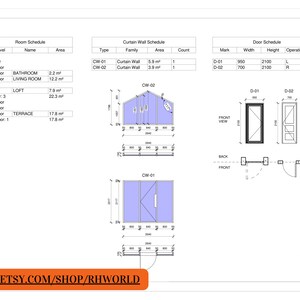 Pode incluir: Um desenho t&eacute;cnico de um plano de casa com um cronograma de quartos, um cronograma de paredes de cortina e um cronograma de portas. O desenho inclui medidas em metros e p&eacute;s. O desenho tamb&eacute;m inclui uma vista frontal e uma vista traseira da casa.