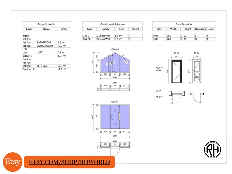 Pode incluir: Um desenho t&eacute;cnico de um plano de casa com um cronograma de quartos, um cronograma de paredes de cortina e um cronograma de portas. O desenho inclui medidas em metros e p&eacute;s. O desenho tamb&eacute;m inclui uma vista frontal e uma vista traseira da casa.