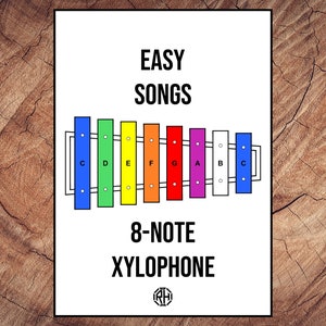 Könnte beinhalten: Ein Diagramm eines 8-Noten-Xylophons mit den Noten C, D, E, F, G, A, B und C, die auf jeder Taste beschriftet sind. Die Tasten sind blau, grün, gelb, orange, rot, lila, weiß und blau gefärbt.