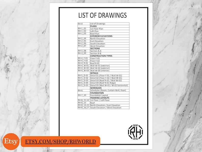 Pode incluir: Uma lista em preto e branco de desenhos para um plano de casa. A lista inclui plantas, eleva&ccedil;&otilde;es exteriores, se&ccedil;&otilde;es, tipos de constru&ccedil;&atilde;o, detalhes, cronogramas, funda&ccedil;&otilde;es e layouts de estrutura. A lista &eacute; rotulada como "Lista de desenhos" e inclui as iniciais "RH" em um c&iacute;rculo.