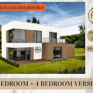 Plattegrond modern huis | Bundel met 3 slaapkamers + 4 slaapkamers | Nettooppervlak: 130 m² | Imperiaal + metrisch | Inclusief DWG