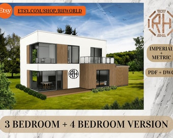 May include: A 3D rendering of a modern two-story house with a white exterior and brown wood accents. The house has a large front porch and a balcony on the second floor. The house is surrounded by green grass and trees. The text "3 BEDROOM + 4 BEDROOM VERSION" is at the bottom of the image.