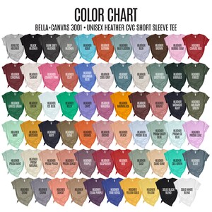 May include: Colour chart displaying 50 different heather colours for Bella + Canvas 3001 unisex short sleeve t-shirts. The colours are arranged in rows and columns, with each colour labelled with its name.