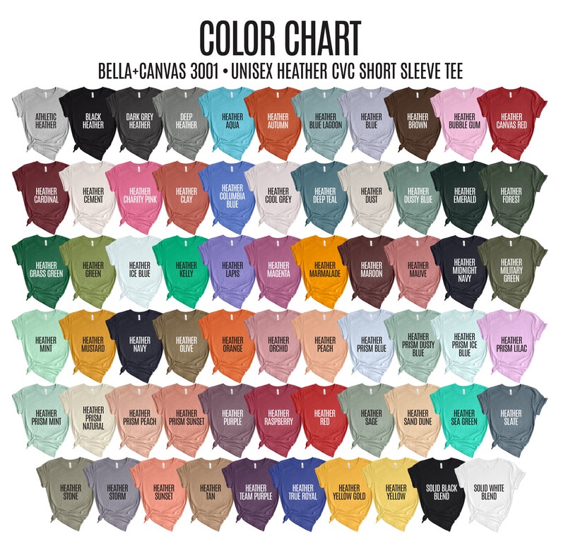 May include: Colour chart displaying 50 different heather colours for Bella + Canvas 3001 unisex short sleeve t-shirts. The colours are arranged in rows and columns, with each colour labelled with its name.