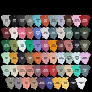 May include: A chart of 60 different heather colours of t-shirts. The colours are arranged in rows and columns. Each colour has a name written below it.