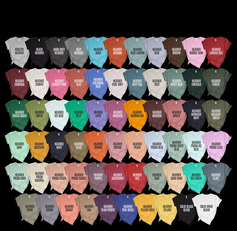 May include: A chart of 60 different heather colours of t-shirts. The colours are arranged in rows and columns. Each colour has a name written below it.