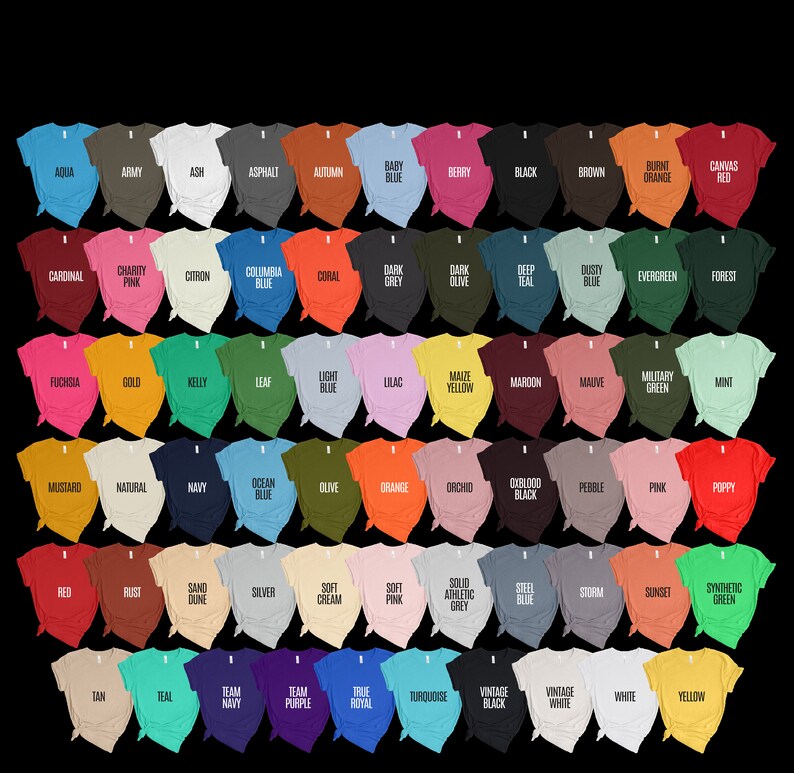 May include: A colour chart of 50 different t-shirt colours, including aqua, army, ash, asphalt, autumn, baby blue, berry, black, brown, burnt orange, canvas red, cardinal, charity pink, citron, columbia blue, coral, dark grey, dark olive, deep teal, dusty blue, evergreen, forest, fuchsia, gold, kelly, leaf, light blue, lilac, maize yellow, maroon, mauve, military green, mint, mustard, natural, navy, ocean blue, olive, orange, orchid, oxblood black, pebble, pink, poppy, red, rust, sand dune, silver, soft cream, soft pink, solid athletic grey, steel blue, storm, sunset, synthetic green, tan, teal, team navy, team purple, true royal, turquoise, vintage black, vintage white, white, and yellow.