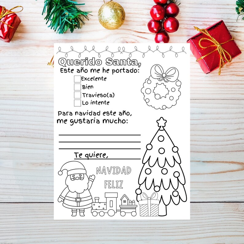 May include: A black and white printable Christmas letter to Santa Claus. The letter includes a checklist for how the child has behaved this year, a space to write what they want for Christmas, and a section for the child to sign their name. The letter also includes a black and white illustration of Santa Claus, a Christmas tree, and a train.