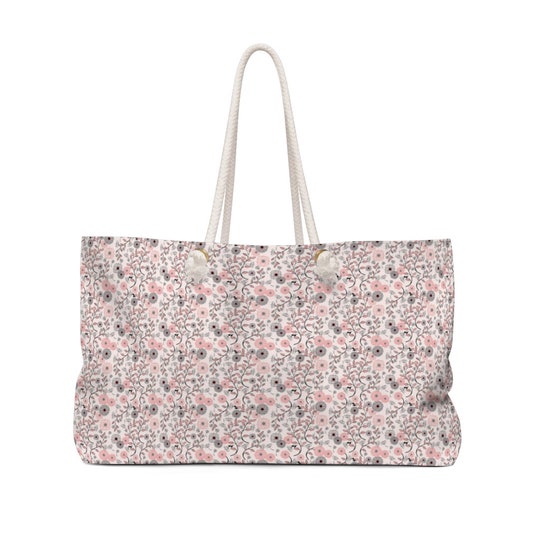 Disover Pink and Grey Small Flowers Weekender Bag