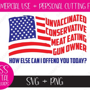 Unvaccinated Conservative Meat Eating Gun Owner, How Else Can I Offend You Today? U.S.A American Flag SVG and PNG Cut file, Rights & Freedom