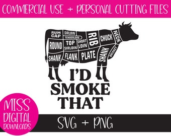 I'd Smoke That Cow Cuts of Meat – SVG/PNG: Grillschürze für Papa – Rinderbrust-Smoker, digitaler Download, perfektes DIY-Geschenk für ihn, Vater