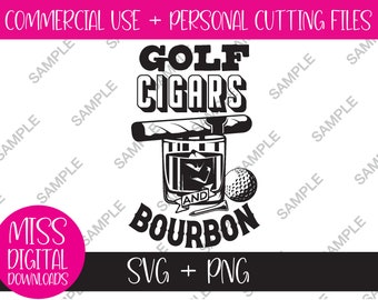 Golf Zigarren und Bourbon, SVG und PNG Dateien, Bourbon Glas Zigarre und Golf Ball & Tee, digitaler Download - perfektes Geschenk für Papa oder Vatertag