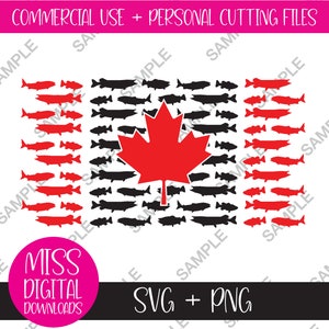 May include: A red maple leaf design with a black background. The maple leaf is surrounded by rows of red fish silhouettes. The text "COMMERCIAL USE + PERSONAL CUTTING FILES" is at the top of the image. The text "SVG + PNG" is at the bottom of the image.