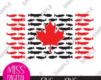 Kanadische Angel-Flagge SVG & PNG Cut File Bundle - Print, Cricut, Silhouette - Hecht, Forelle, Lachs, Bass Fisch - Instant Download