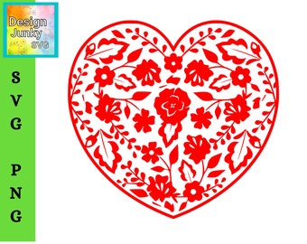 May include: Red heart-shaped design with a floral pattern. The design is made up of small red flowers and leaves.