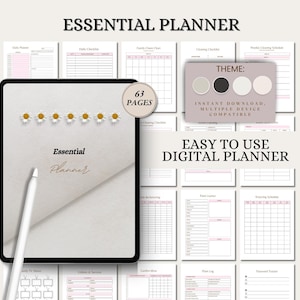 May include: Digital planner with the text "Essential Planner" and "Easy to Use Digital Planner". The planner has 63 pages and includes a theme with color swatches. The design is decorated with daisy flowers.