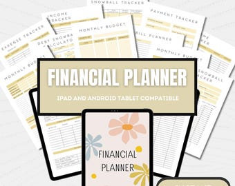 May include: A collection of financial planning documents and digital tablet mockups. The main title "FINANCIAL PLANNER" is displayed prominently. The tablet screen shows a floral design and the words "FINANCIAL PLANNER". Additional documents include expense, income, and debt trackers.