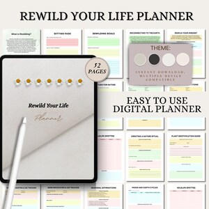 Può includere: Un'agenda digitale intitolata "Rewild Your Life Planner" con 52 pagine. L'agenda presenta un design a margherita ed è descritta come facile da usare. Il tema è il download immediato e compatibile con più dispositivi.