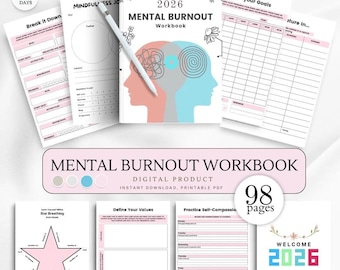 Cuaderno de ejercicios digital para el agotamiento mental (2026), salud mental, agotamiento emocional, cuaderno de terapia, planificador de estrés mental y agotamiento, alivio de la ansiedad