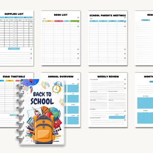 May include: A planner with a "Back to School" cover featuring a backpack, globe, and school supplies. The planner includes pages for supplies, book lists, school meetings, exam timetables, and weekly reviews. The cover has the text "Back to School".