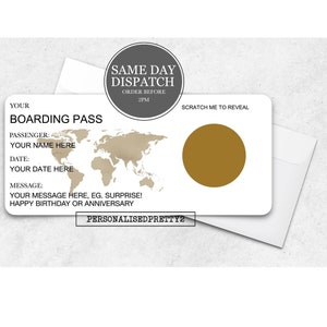 Carte d'embarquement surprise personnalisée à gratter, carte d'embarquement personnalisée, fausse carte d'embarquement pour destination surprise, billet vacances