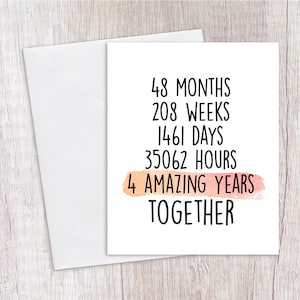 4 jaar jubileumkaart, huwelijksverjaardag, linnen, 4 jaar samen, Valentijnsdagkaart
