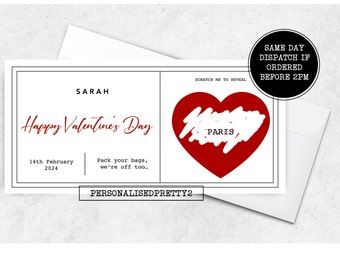 Personalised Scratch Valentine's Day Boarding Card, Scratch Ticket For Surprise Destination, Holiday Surprise,Valentine's Gift