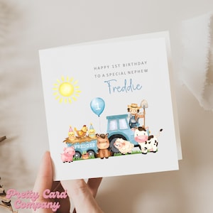 Carte personnalisée de premier anniversaire d'animaux de la ferme, carte de 1er anniversaire pour neveu, carte de premier anniversaire, petit-fils, filleul, fils, frère, garçon