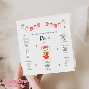 Félicitations, nouveau-né, carte personnalisée pour nouveau-né, carte de bienvenue dans le monde, carte de bébé aux fraises personnalisée, né en 2025