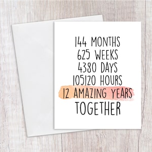 Carte anniversaire de 12 ans, anniversaire de mariage, soie, 12 ans ensemble, carte de Saint-Valentin