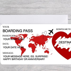 Personalised Scratch Surprise Boarding Pass, Personalised Boarding Card, Fake Boarding Pass For Surprise Destination, Custom Boarding Pass RED