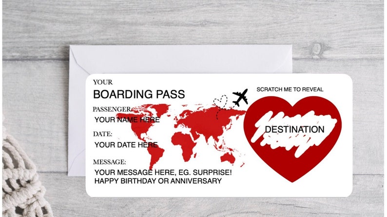 Personalised Scratch Surprise Boarding Pass, Personalised Boarding Card, Fake Boarding Pass For Surprise Destination, Custom Boarding Pass RED