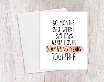 5 Years Anniversary Card, Wedding Anniversary, Wood, 5 Years Together, Valentines Card