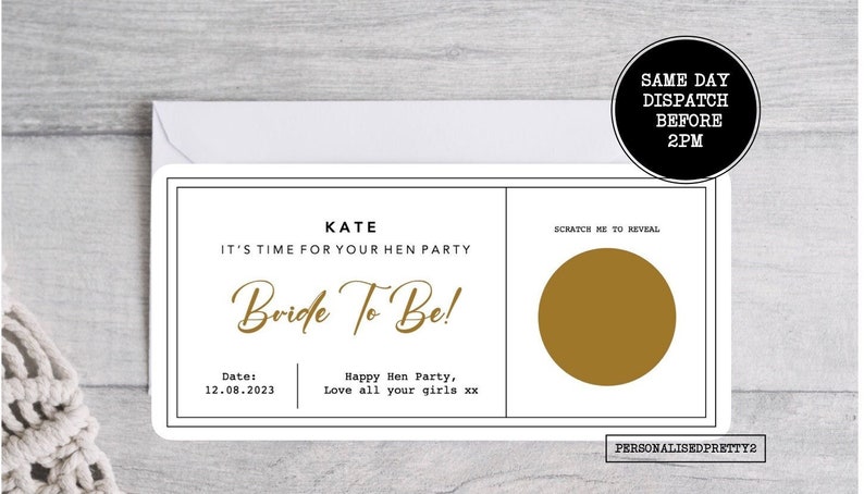 Personalised Hen Do Scratch Reveal Ticket, Boarding Card, Surprise the Bride, Hen Do, Hen Party, Bride to be, Hen Weekend, Scratch Ticket Gold