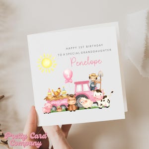 Carte personnalisée pour le 1er anniversaire des animaux de la ferme, carte de premier anniversaire pour petite-fille, carte de premier anniversaire pour fille, carte d'anniversaire pour fille sur le thème de la ferme