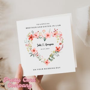 Carte de mariage pour beau-frère et belle-soeur, carte de mariage florale, félicitations pour le jour de votre mariage, carte de couronne de fleurs coeur