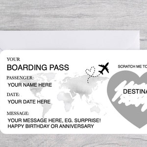 Personalised Scratch Surprise Boarding Pass, Personalised Boarding Card, Fake Boarding Pass For Surprise Destination, Custom Boarding Pass SILVER