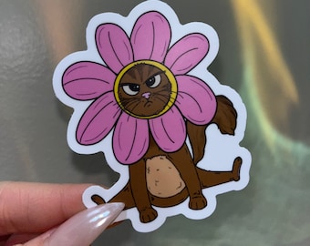 May include: A die-cut sticker featuring a brown tabby cat with a grumpy facial expression, wearing a large pink flower costume around its head. The cat has a light brown belly, dark brown fur, and is depicted in a sitting position with its legs spread.