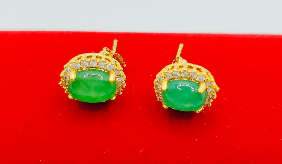 Real Jade Stud Earrings 18k Gold Plated on Copper Perfect Etsy