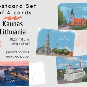 Set van 4 kaarten met sightseeingkaarten uit Kaunas, Litouwen