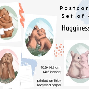 Postcard Set of 4 cards, Hugginess, 4x6 inches