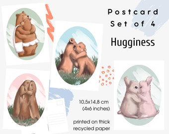 Postcard Set of 4 cards, Hugginess, 4x6 inches
