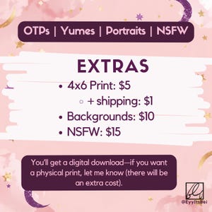 Extras panel for anime art commission (yumes) on pink pastel background, showing 4x6 print, backgrounds, and NSFW options.