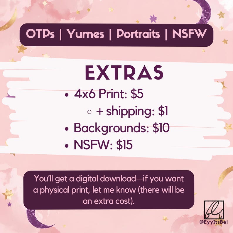 Extras panel for anime art commission (yumes) on pink pastel background, showing 4x6 print, backgrounds, and NSFW options.