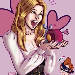 Custom anime art: blonde woman in a white sweater holding a pink potion bottle, lavender heart background, custom OC.