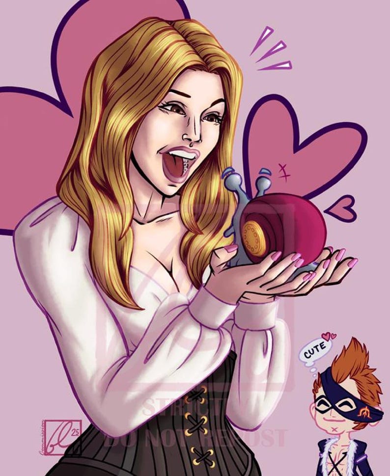 Custom anime art: blonde woman in a white sweater holding a pink potion bottle, lavender heart background, custom OC.